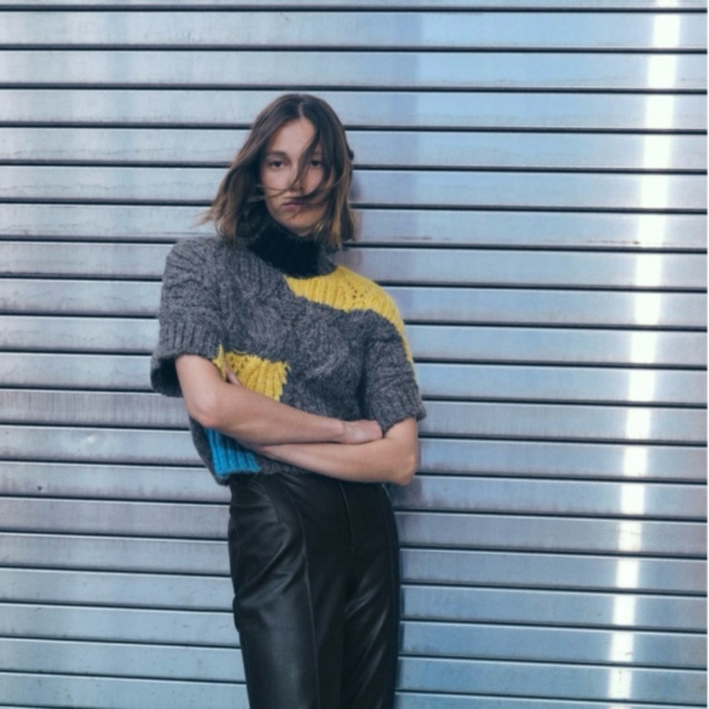 New! ZARA Colorblock Chunky Knit Sweater - Gray, Yellow & Blue